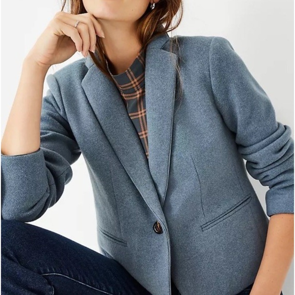 Ann Taylor Womens The Newbury Brushed Rib Long Sleeve Blazer Jacket Teal Blue 14